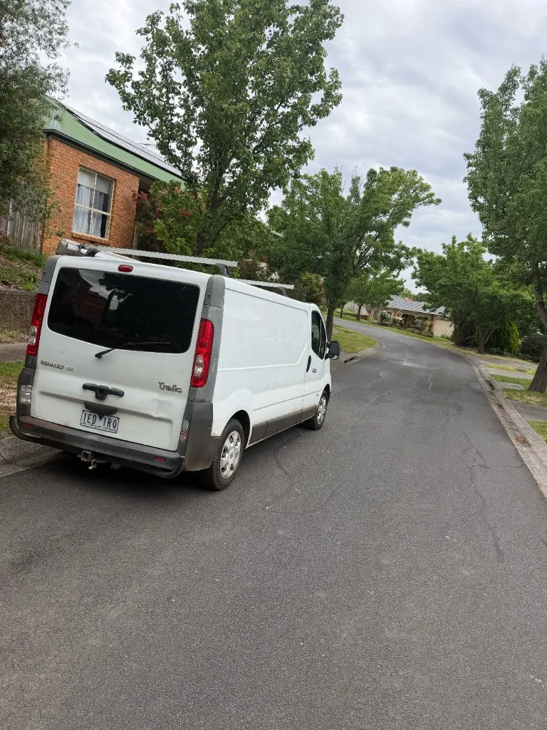 Rear view of the white Renault Trafic courier van used for Melbourne deliveries
